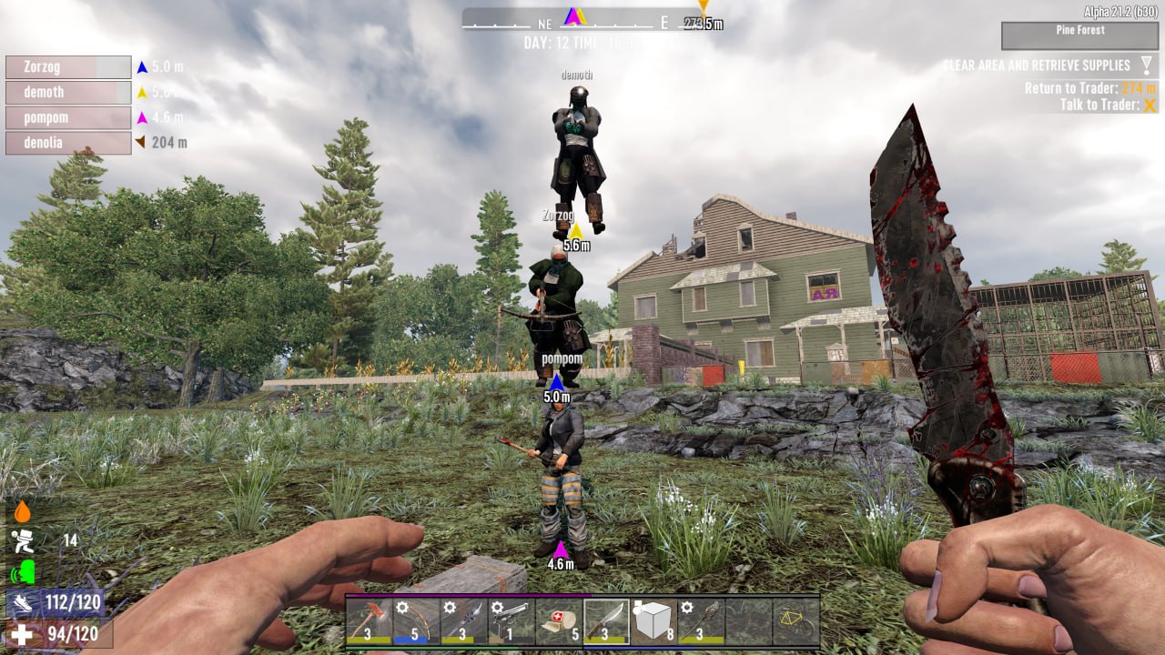 Screenshot of three players standing on top of each other in a "Seven Days to Die" game